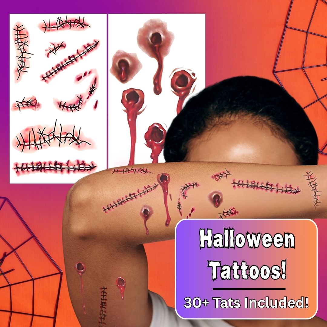 Halloween Cosmetic & Spooky Temporary Tattoo Pack (30+ Tattoos)