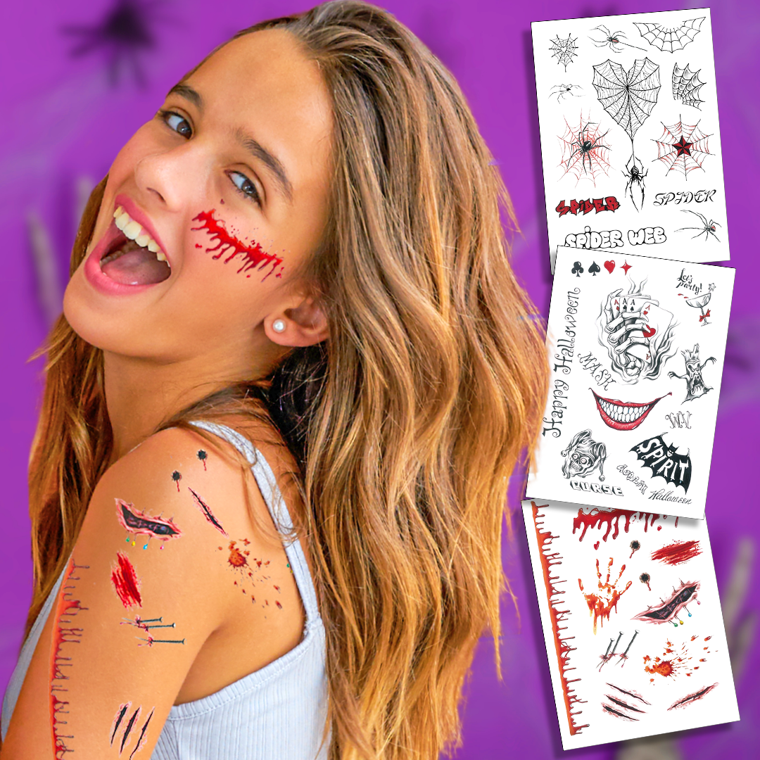 Halloween Cosmetic & Spooky Temporary Tattoo Pack (30+ Tattoos)
