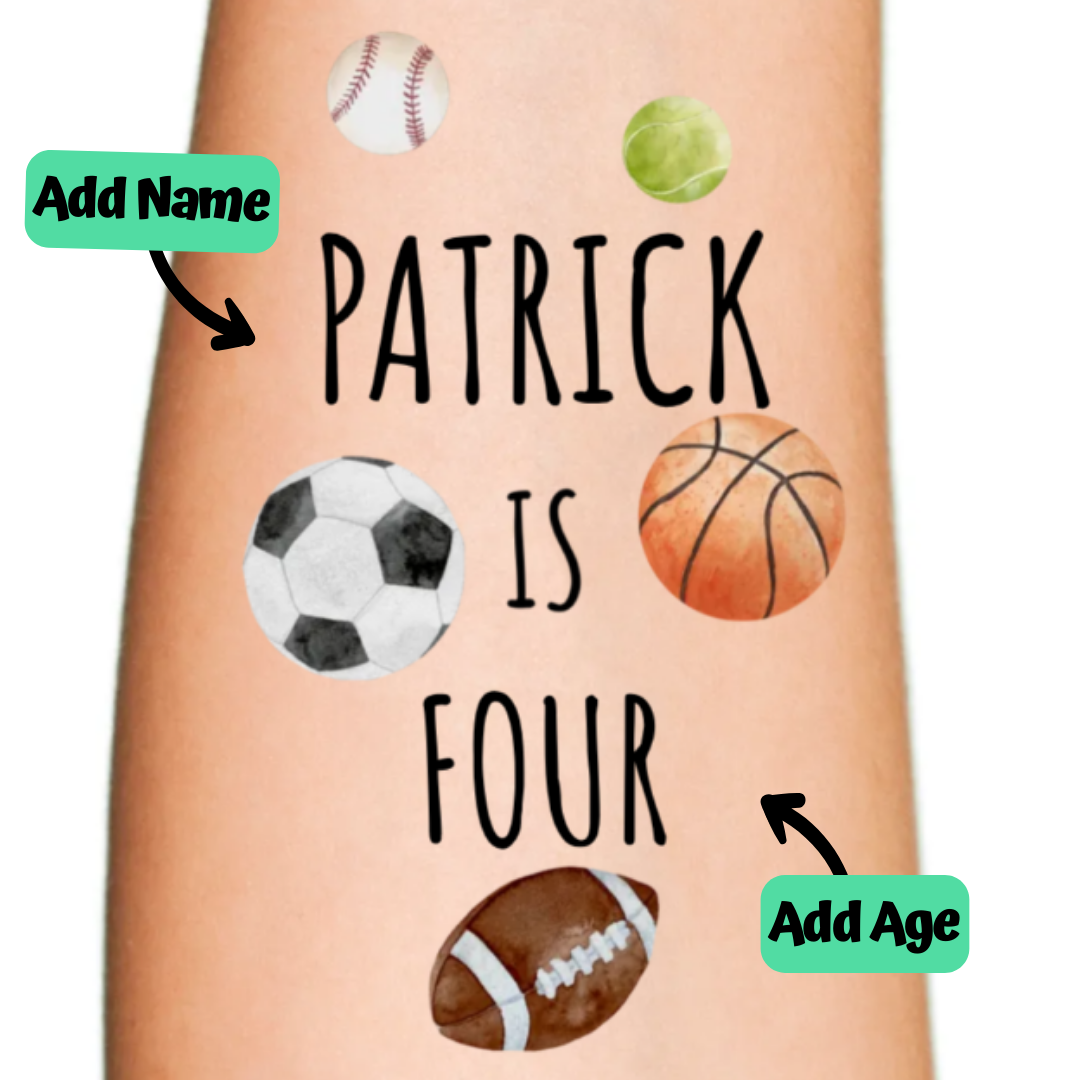 Sporty Themed Customizable Kids Birthday Temporary Tattoo