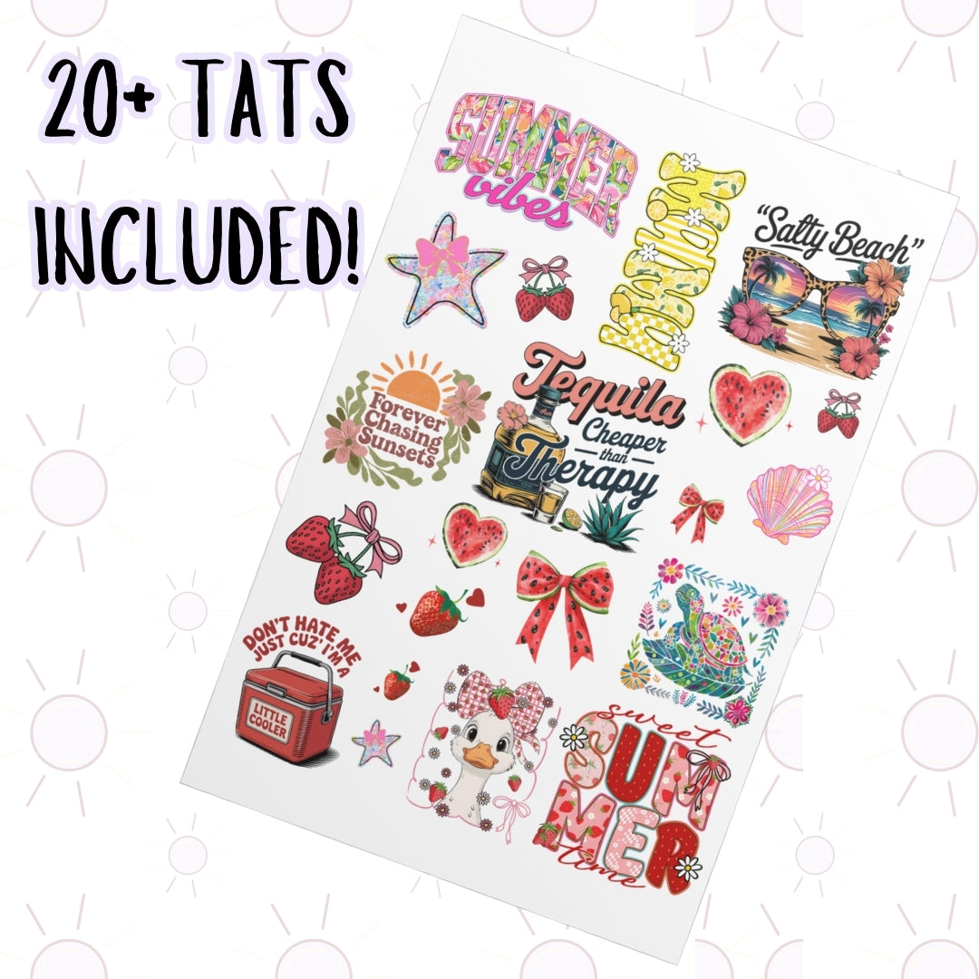Summer Vibes Temporary Tattoo Sheet (20+ Tattoos)