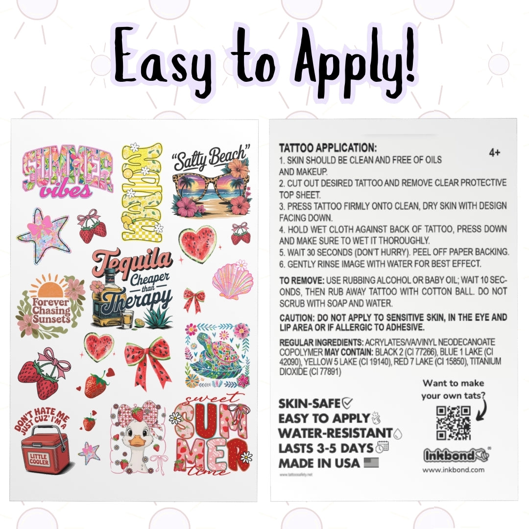 Summer Vibes Temporary Tattoo Sheet (20+ Tattoos)