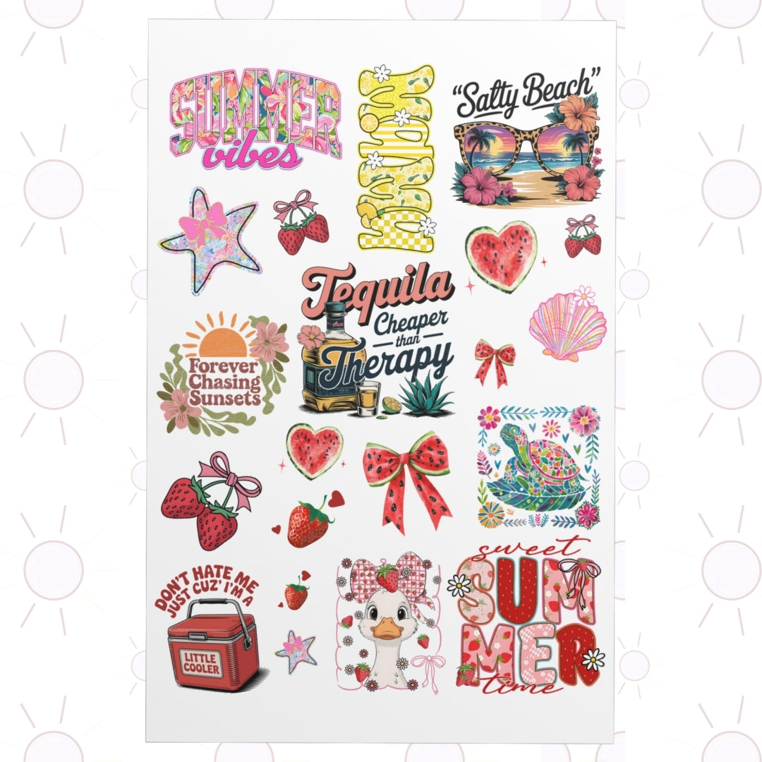 Summer Vibes Temporary Tattoo Sheet (20+ Tattoos)