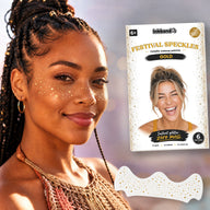 Gold Festival Speckles worn by a model at a festival with the envelope and patch sheet
