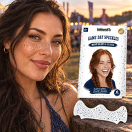 Navy blue and silver metallic speckles worn by a model outdoors with the envelope and patch sheet