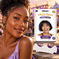 Purple and gold metallic speckles worn by a model outdoors with the envelope and patch sheet