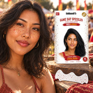 Red and gold metallic speckles worn by a model outdoors with the envelope and patch sheet