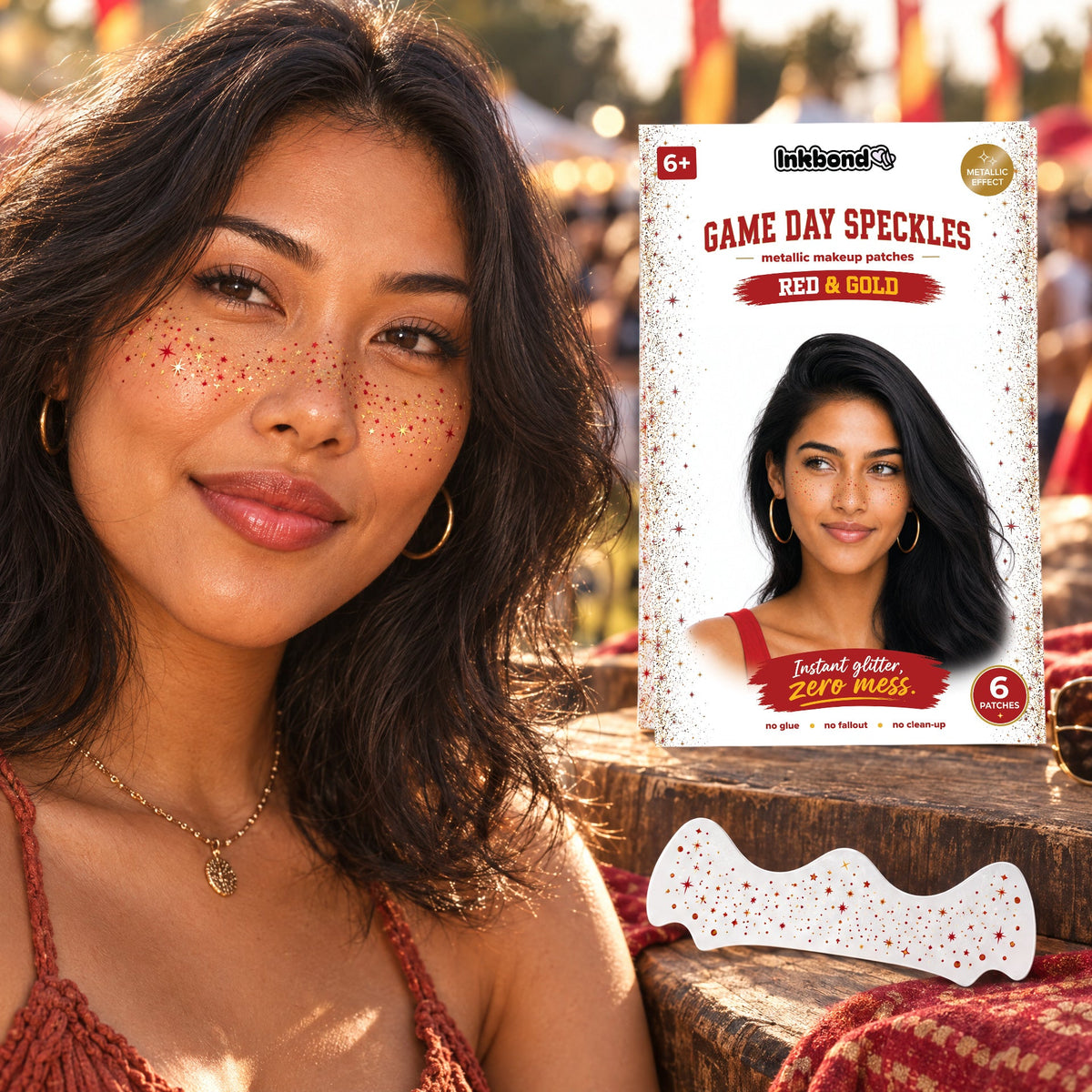 Red and gold metallic speckles worn by a model outdoors with the envelope and patch sheet