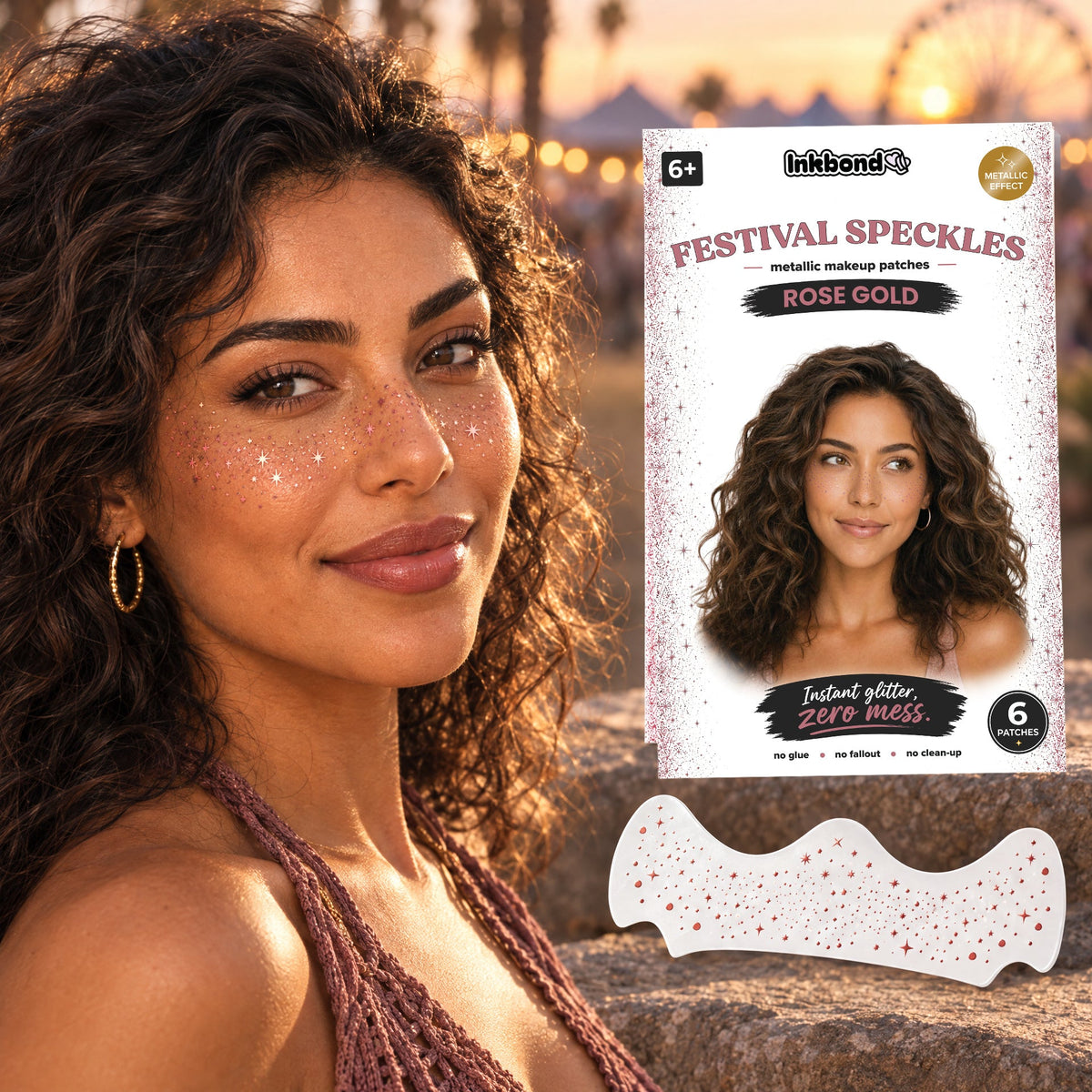 Rose Gold Festival Speckles worn by a model at a festival with the envelope and patch sheet