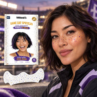 Purple and Gold Game Day Speckles worn by a model at the stadium with the envelope and patch sheet