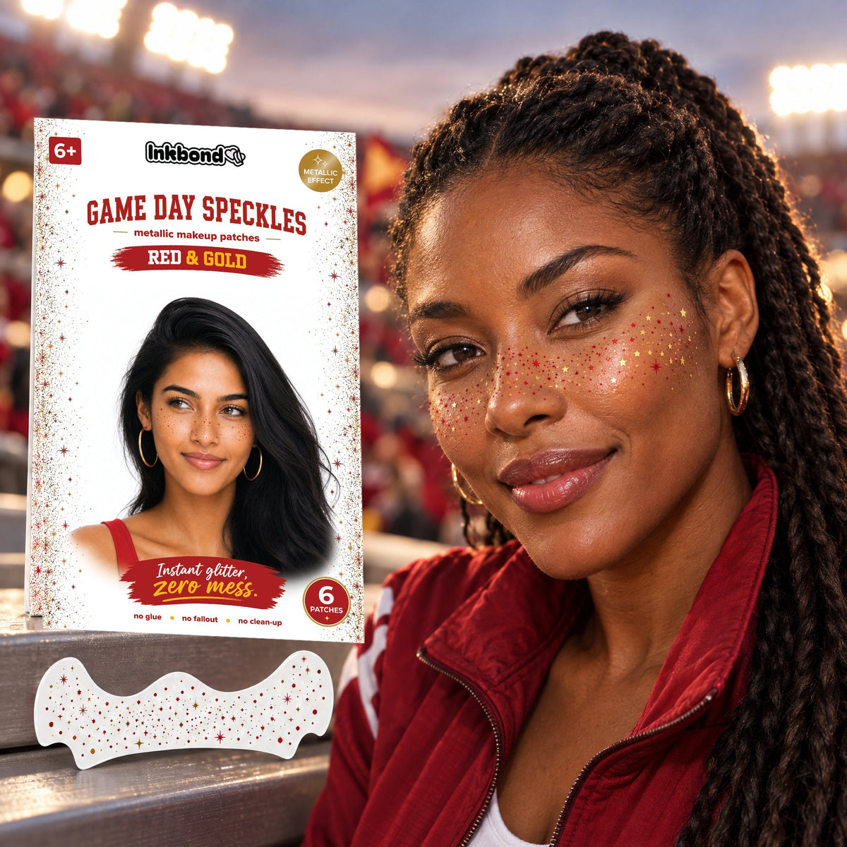 Red and Gold Game Day Speckles worn by a model at the stadium with the envelope and patch sheet