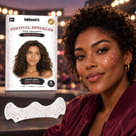 Rose gold metallic speckles worn by a model at night with the envelope and patch sheet