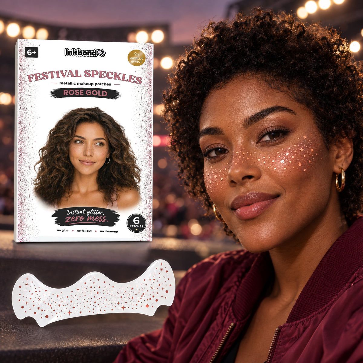 Rose gold metallic speckles worn by a model at night with the envelope and patch sheet