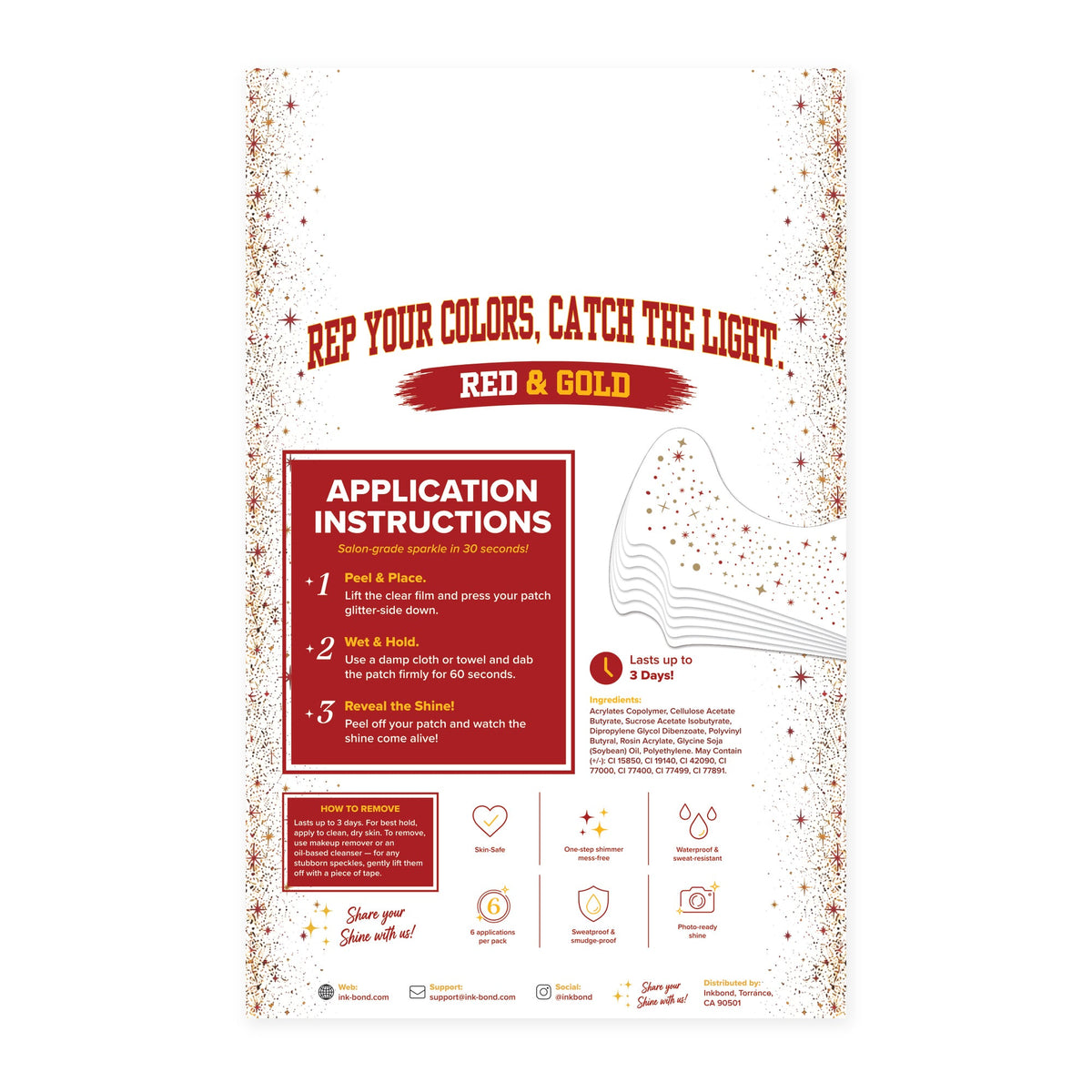 Red and Gold Game Day Speckles back panel with application instructions