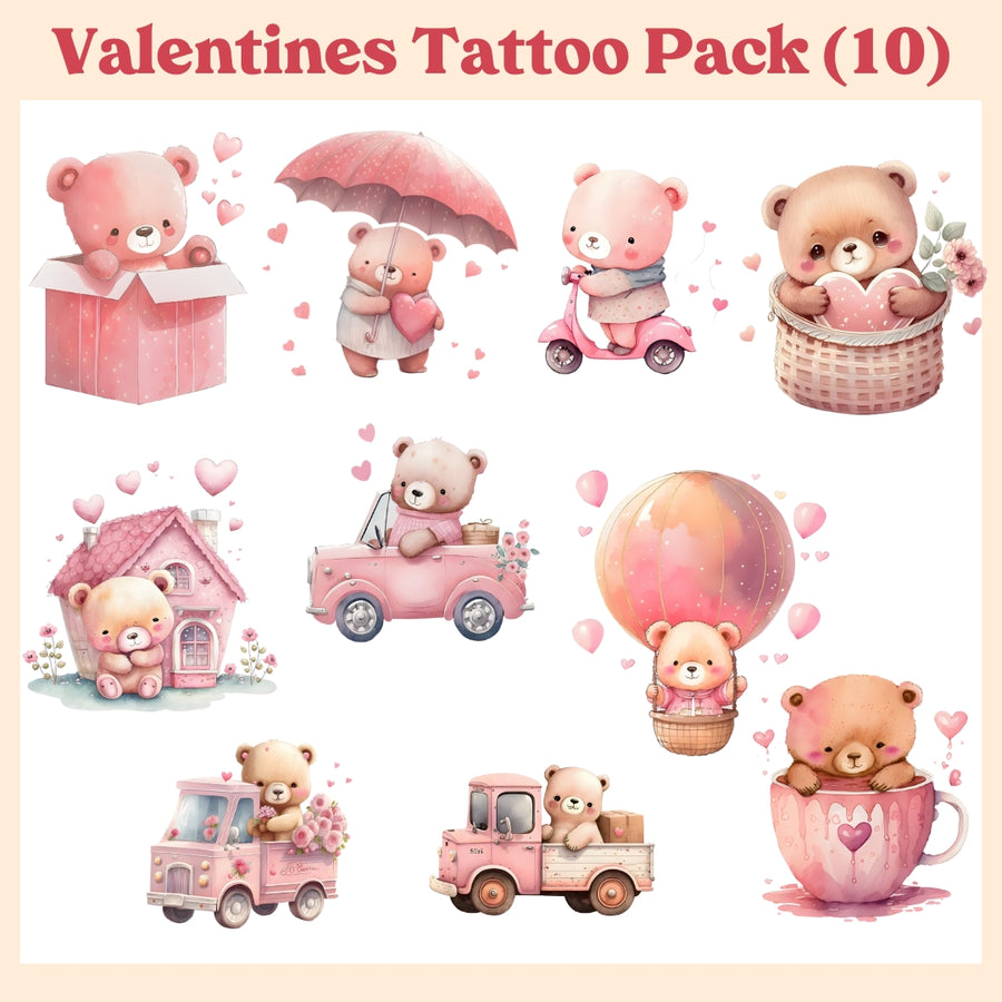 Bear Valentines Temporary Tattoos (10 Pack)