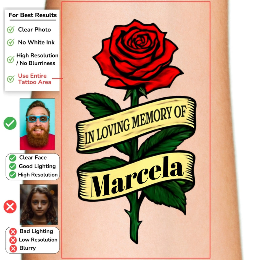Memorial Rose with Text Ribbon Custom Temporary Tattoo