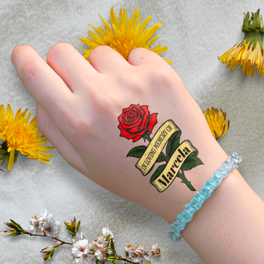 Memorial Rose with Text Ribbon Custom Temporary Tattoo