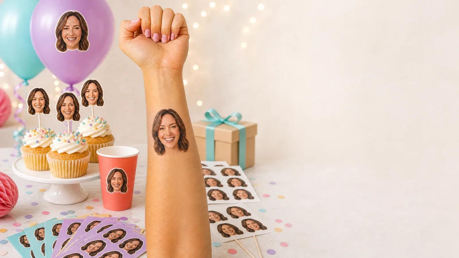 Party scene with balloons, gifts and a raised arm wearing a face tattoo