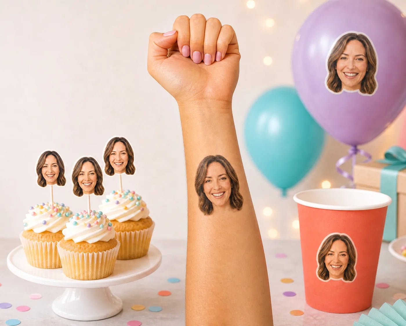 Birthday flat-lay: face tattoo on arm, topper fans, sticker cup