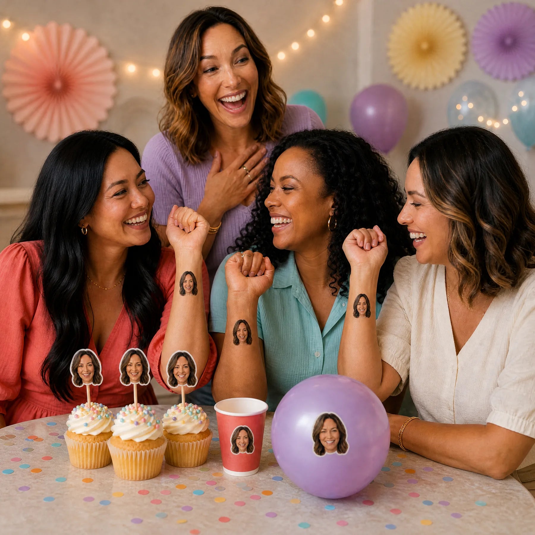 Friends around a cake table covered in face toppers, stickers and tattoos
